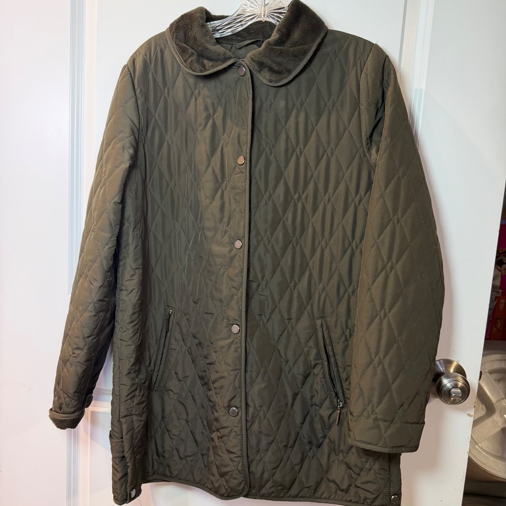 Weatherproof Womens Quilted Jacket Faux Fur Collar Snap Front Olive Green Size M